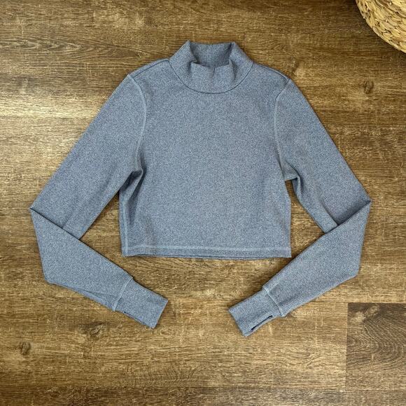 aerie Tops - Offline By Aerie Mock Neck Ribbed Cropped Long Sleeve Dusty Blue Top